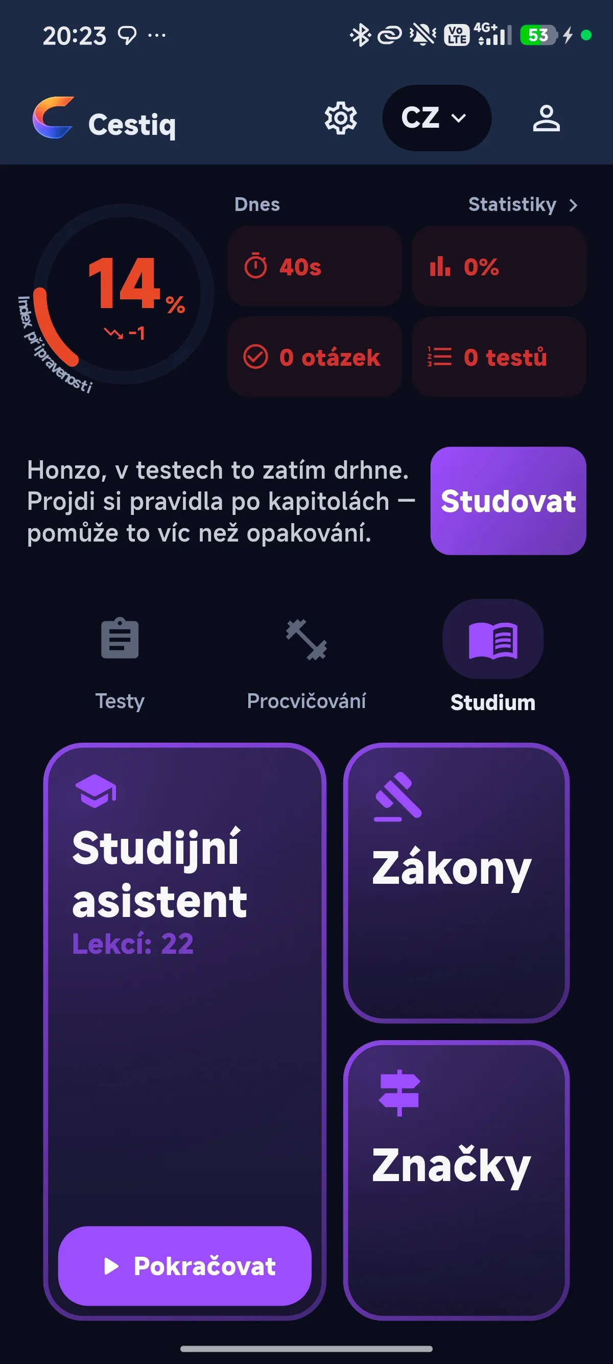 Rozcestník studia v Cestiq se Studijním asistentem, Zákony a Značkami