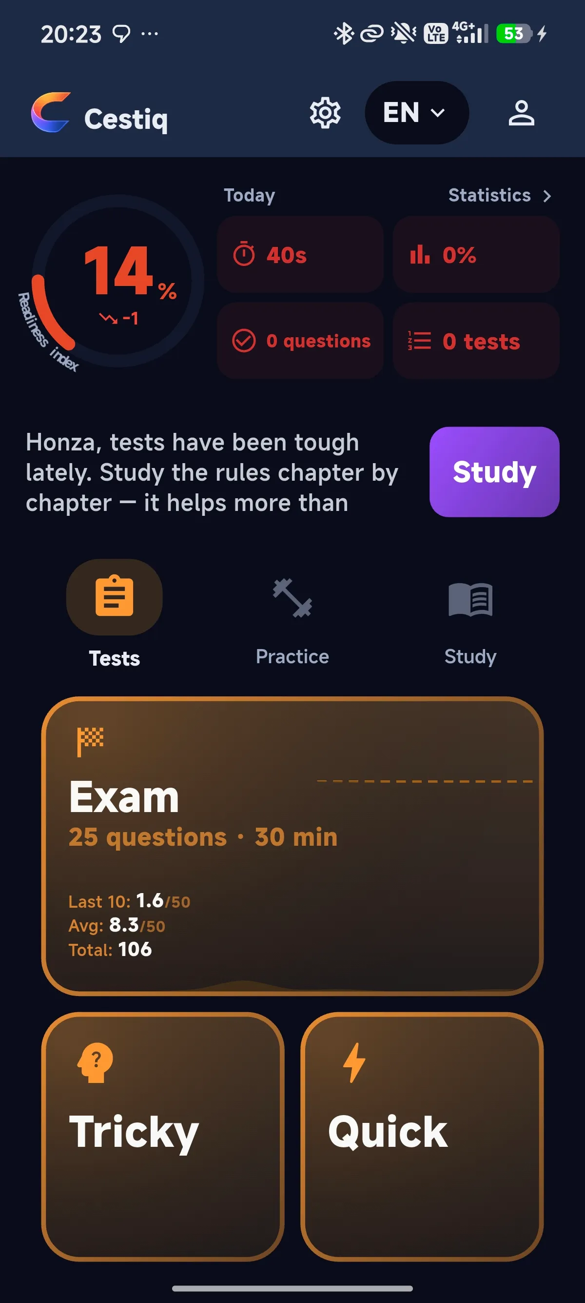 Cestiq home screen showing the readiness index and the Exam, Tricky and Quick cards