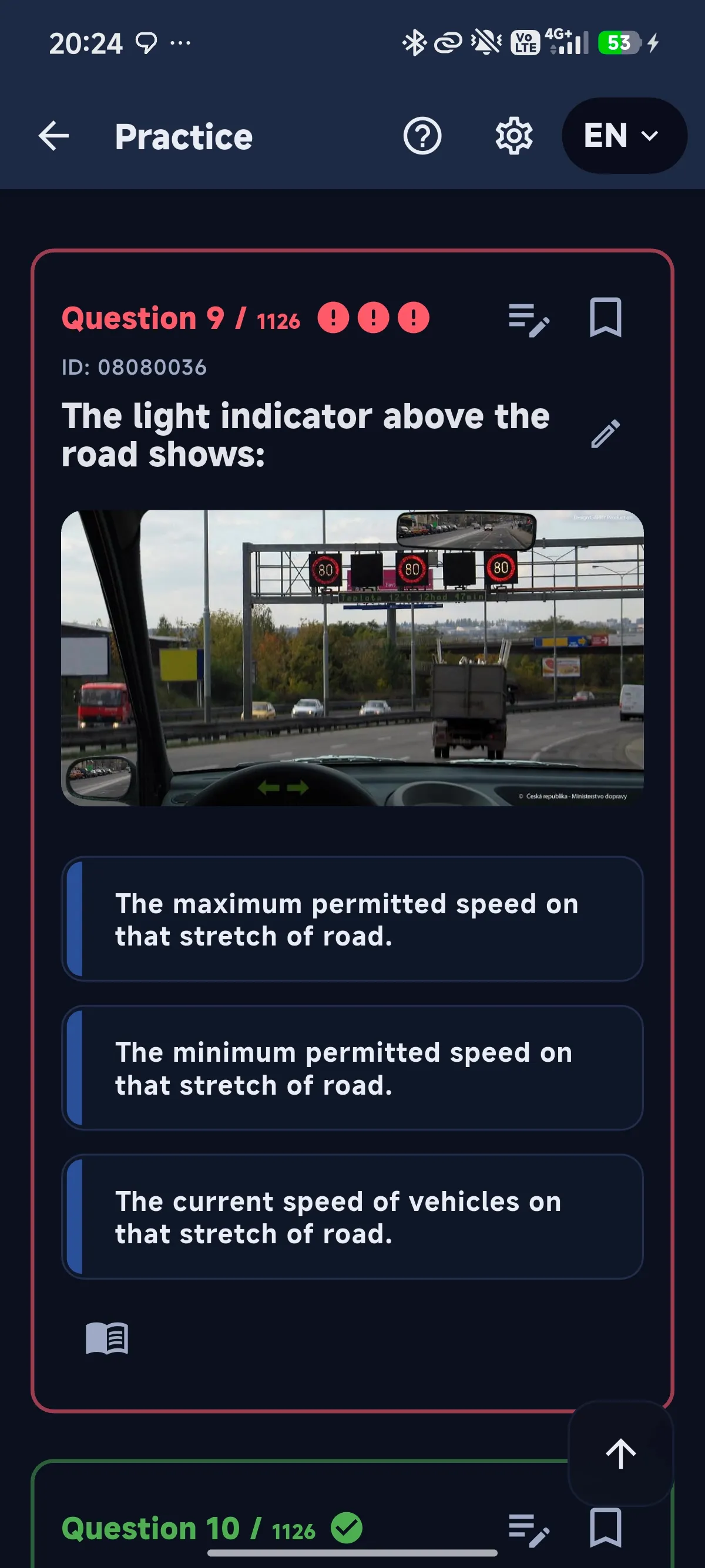 Cestiq practice screen showing question 9 of 1126 with answer options