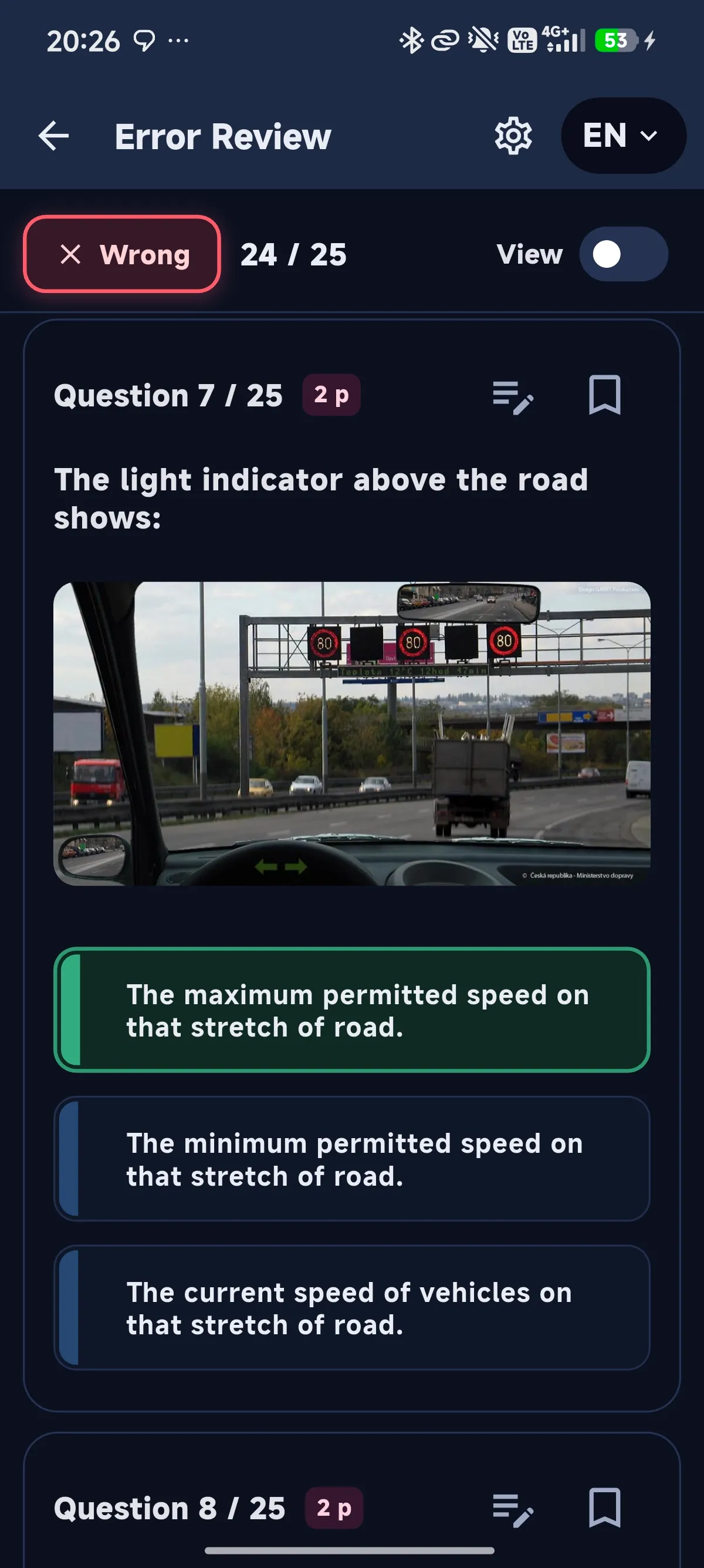 Cestiq error review showing the correct answer marked in green