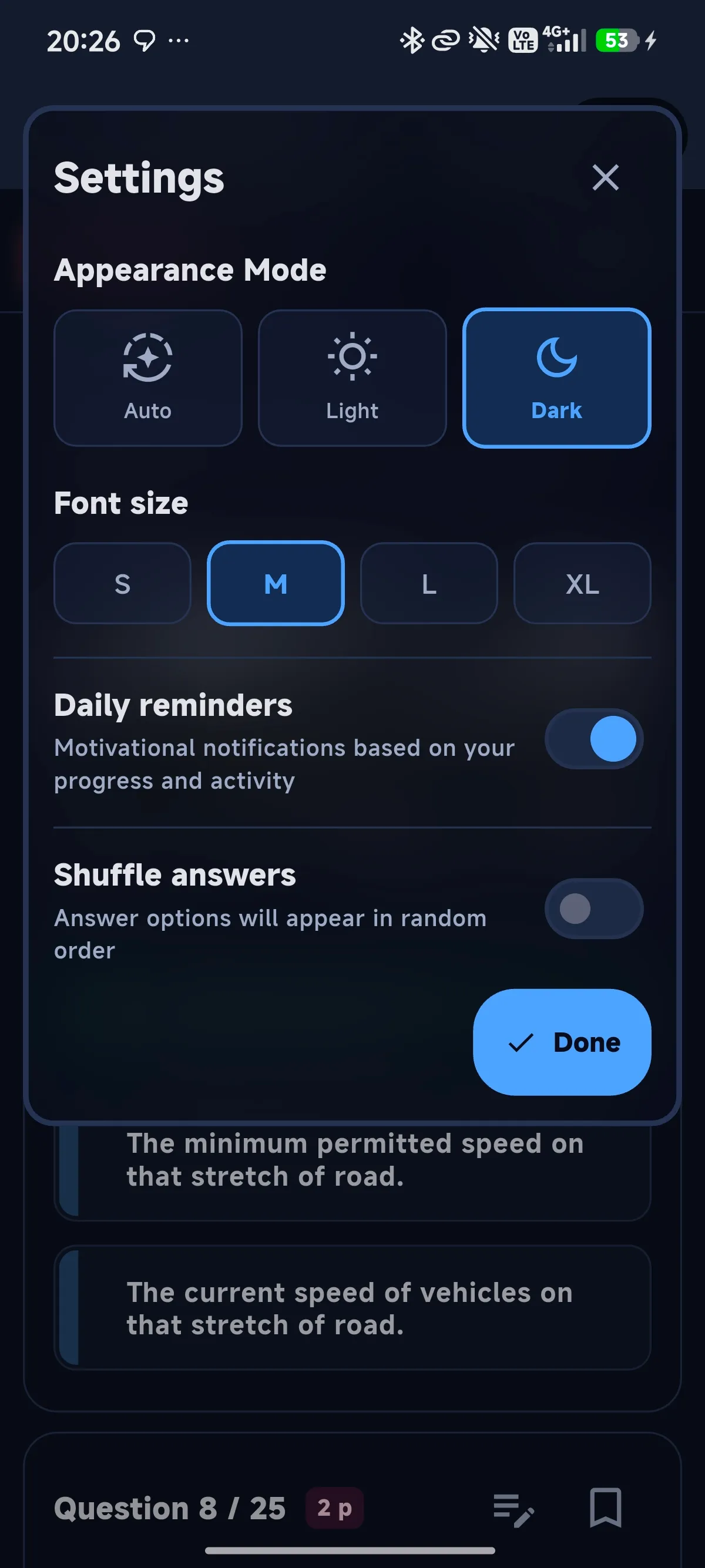 Cestiq settings with appearance mode, font size, daily reminders and shuffle answers