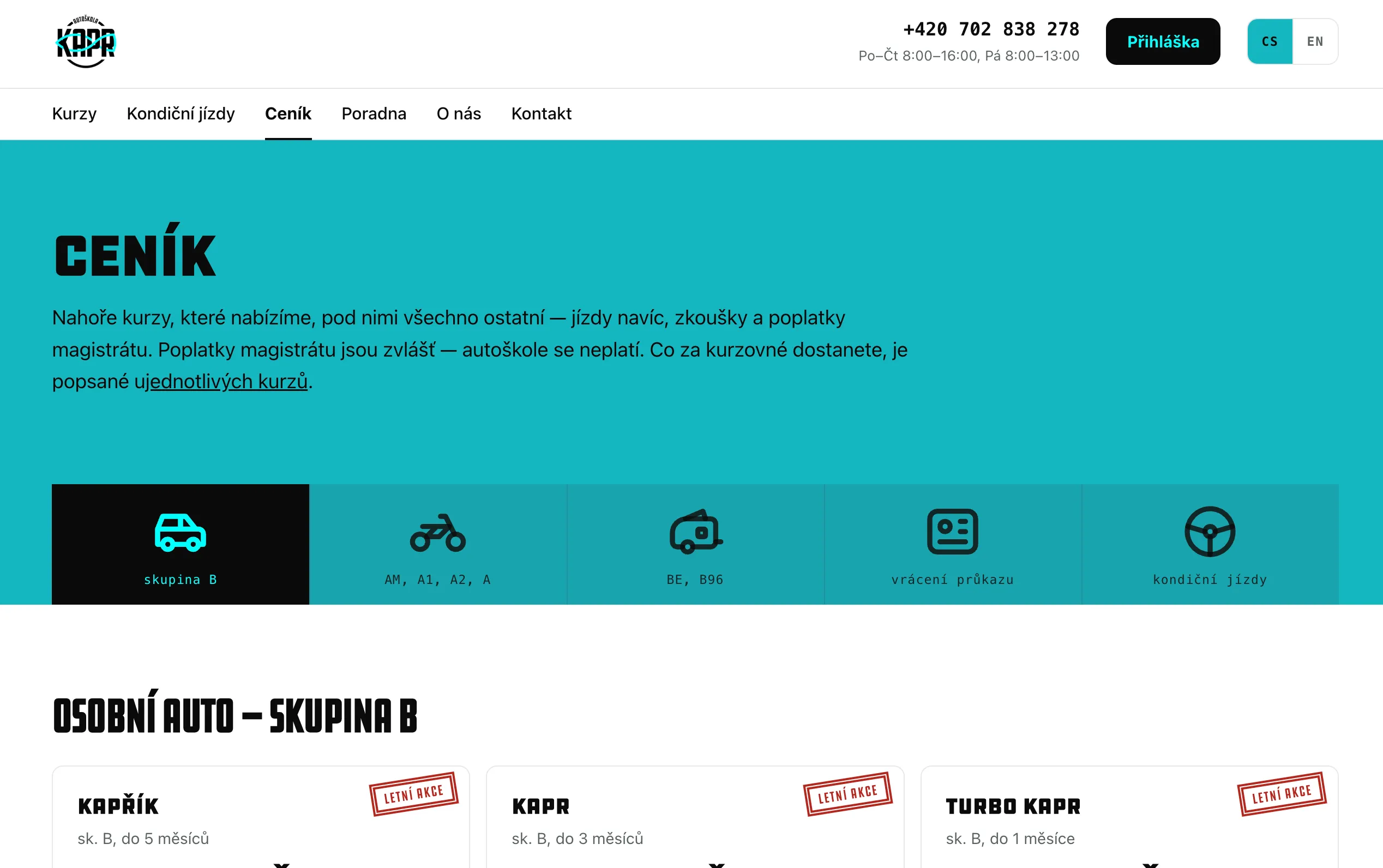 Autoškola Kapr pricing page with a licence-group switch and course packages