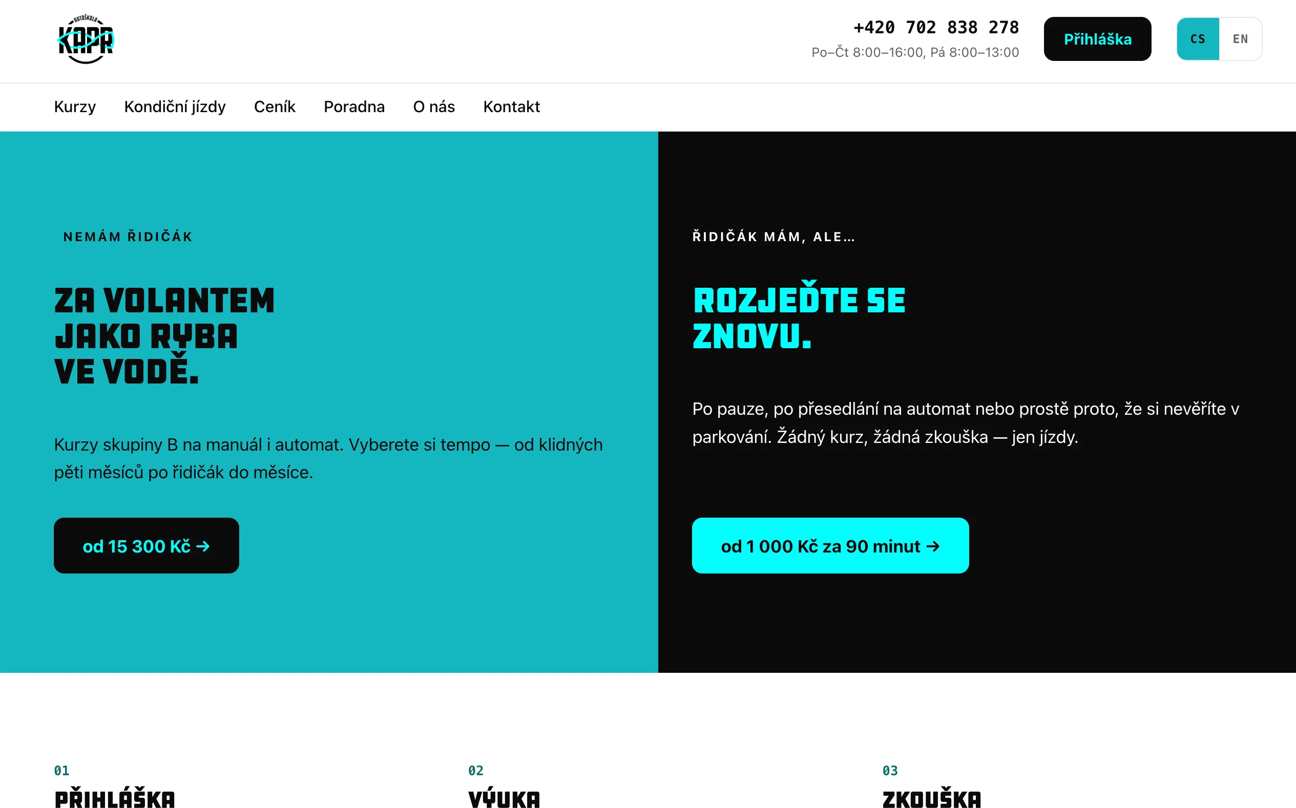 Autoškola Kapr homepage split in two — for beginners and for refresher lessons