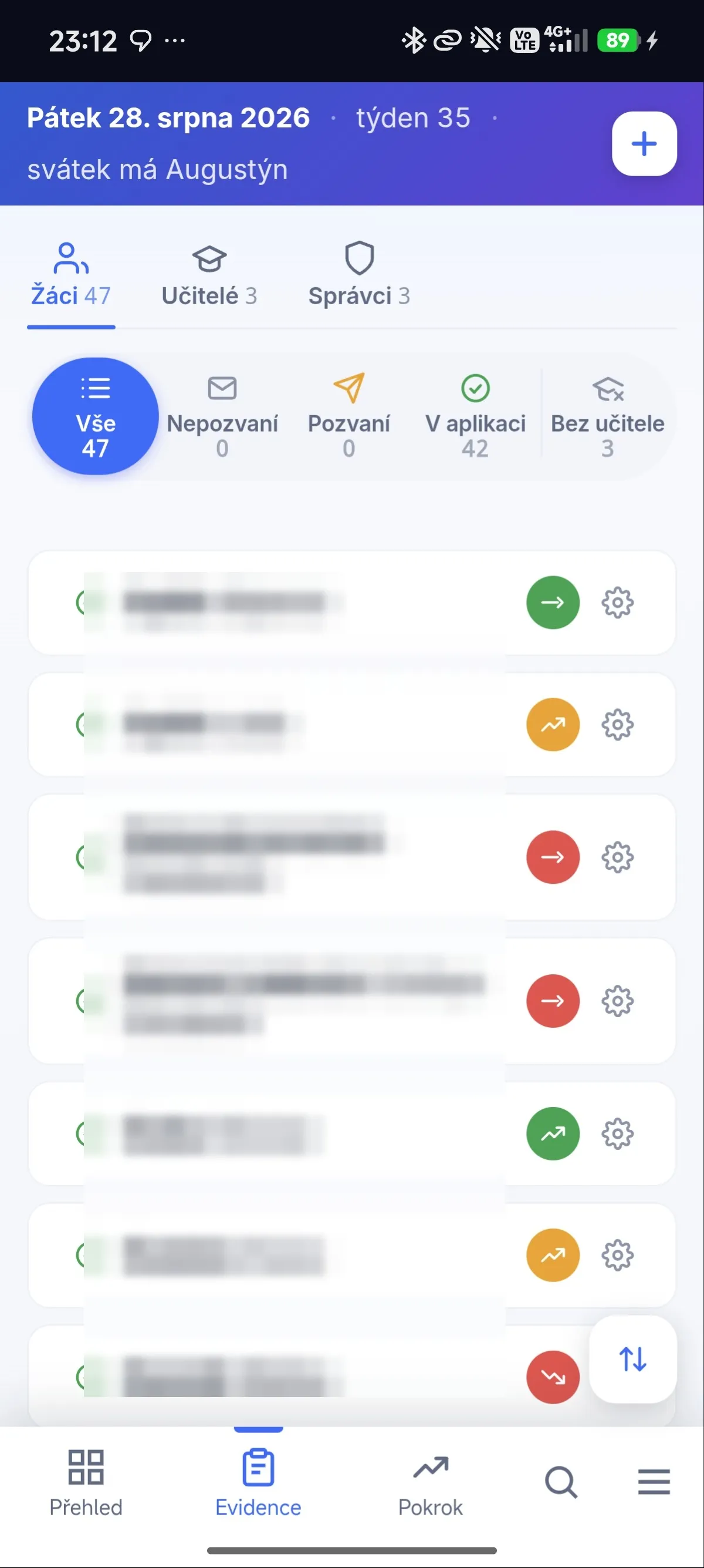 Student register on a phone, filtered by invitation status