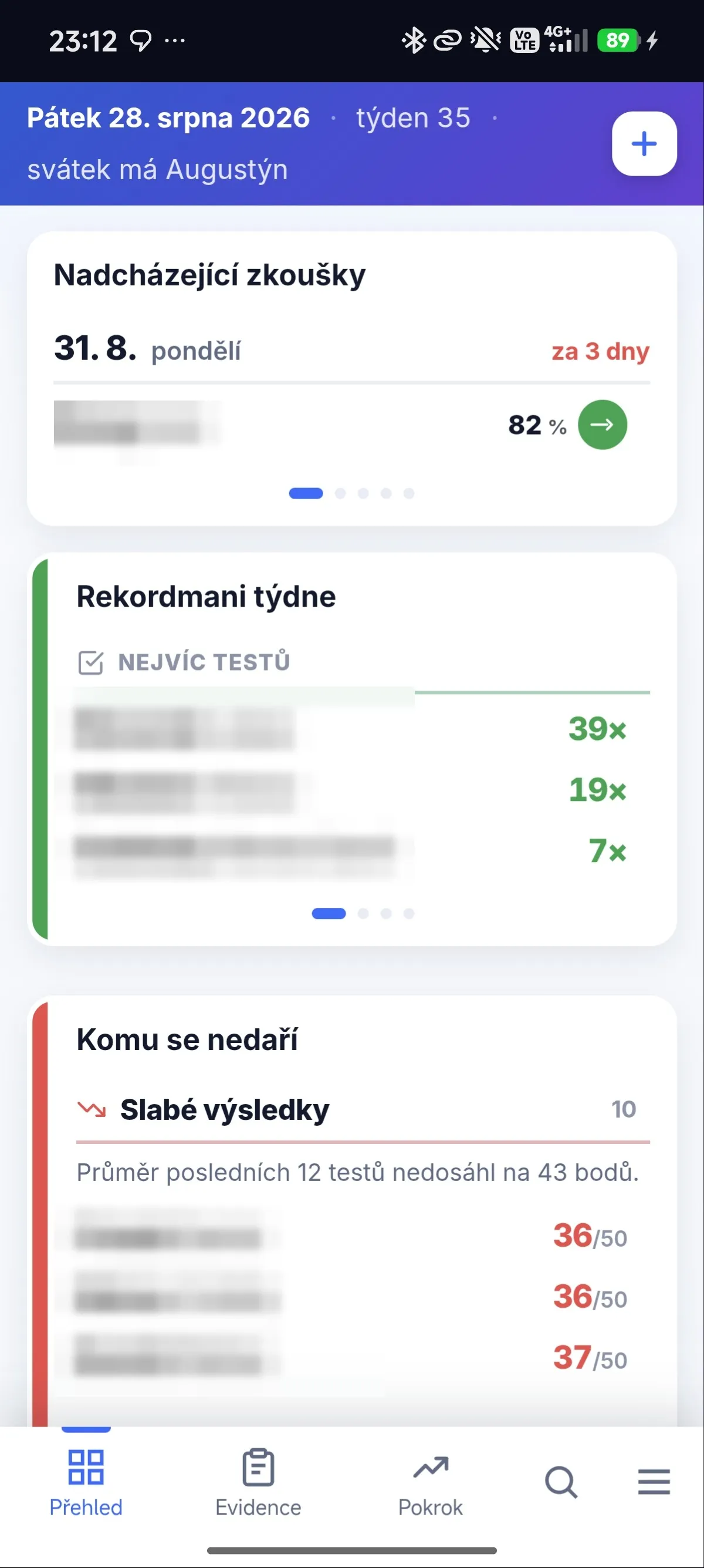 The school portal on a phone — upcoming exams, weekly record holders and struggling-student signals